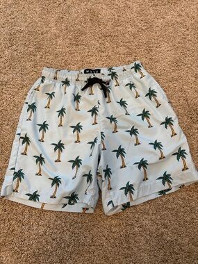 Men's Light Blue Palm Tree Swim Trunks